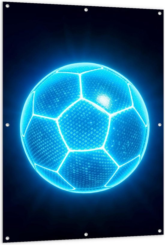 Tuinposter – Blauwe Neon Voetbal - 100x150cm Foto op Tuinposter  (wanddecoratie voor buiten en binnen)
