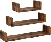 Mucasa© U-vormige wandplank | set van 3 | zwevende plank in vintage stijl | wandmontage | woonkamer, slaapkamer en kantoor | houtlook | donkerbruin