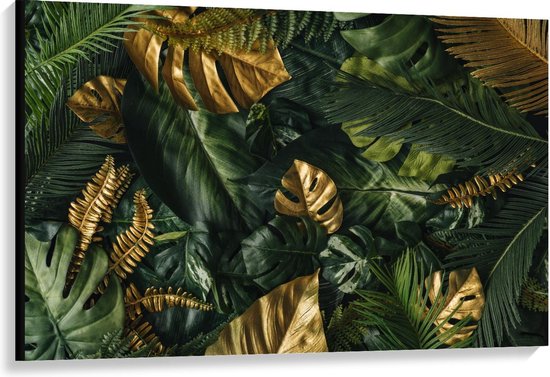 Canvas  - Gouden Bladeren tussen Groen Bos - 120x80cm Foto op Canvas Schilderij (Wanddecoratie op Canvas)