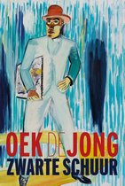 Schilderij van een man in wit pak, met rode hoed, die een boek vasthoudt tegen een blauwe achtergrond. Titel Zwarte Schuur.