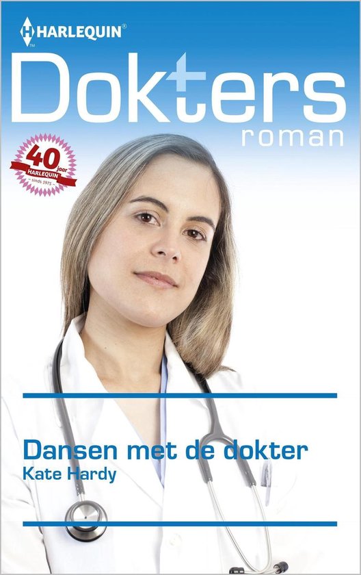 Vrouw in doktersjas met stethoscoop. "Dansen met de dokter" Harlequin 40 jaar.