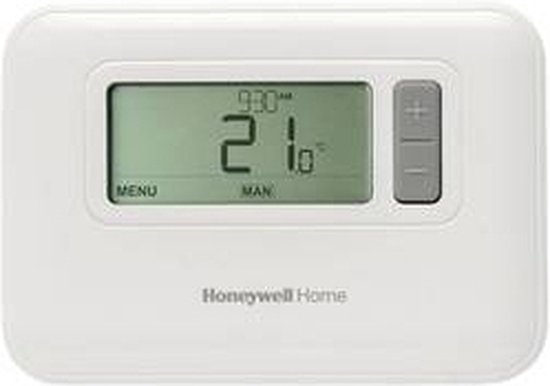 Witte Honeywell Home thermostaat met digitaal display waarop '9:30' en '21.0°C' worden weergegeven.