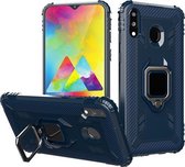 Voor Samsung Galaxy A20 / A30 / M10S koolstofvezel beschermhoes met 360 graden roterende ringhouder (blauw)