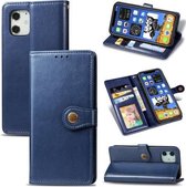 Voor iPhone 12 mini retro effen kleur lederen gesp telefoonhoes met lanyard & fotolijst & kaartsleuf & portemonnee & standaardfunctie (blauw)