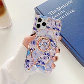 Galvaniserend stikpatroon Zachte TPU-beschermhoes met roségouden standaardringhouder voor iPhone 12/12 Pro (stiksels blauwe bloemen)