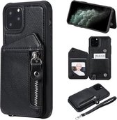 Voor iPhone 11 Pro Dubbele gespen Rits Schokbestendige achterkant Beschermhoes met houder & kaartsleuven & portemonnee & lanyard & fotolijsten (zwart)