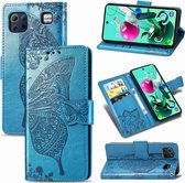 Voor LG K92 5G vlinder liefde bloem reliëf horizontale flip lederen tas met beugel / kaartsleuf / portemonnee / lanyard (blauw)