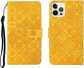 Etnische stijl reliëf patroon horizontale flip lederen tas met houder & kaartsleuven & portemonnee & lanyard voor iPhone 12 Pro Max (geel)