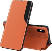 Zijdisplay Magnetische schokbestendige horizontale lederen flip-hoes met houder voor iPhone XR (oranje)