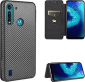 Voor Motorola Moto G8 Power Lite Koolstofvezel Textuur Magnetische Horizontale Flip TPU + PC + PU lederen tas met touw en kaartsleuf (zwart)