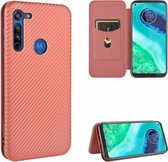 Voor Motorola Moto G8 Koolstofvezel Textuur Magnetische Horizontale Flip TPU + PC + PU Leren Case met Touw & Kaartsleuf (Bruin)