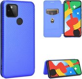 Voor Google Pixel 4A 5G koolstofvezel textuur magnetische horizontale flip TPU + pc + PU lederen tas met kaartsleuf (blauw)