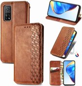 Voor Xiaomi Mi 10T / Redmi K30S Cubic Grid Pressed Horizontal Flip Magnetic PU Leather Case met houder & kaartsleuven & portemonnee (bruin)