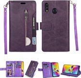 Voor Samsung Galaxy A20s Multifunctionele Rits Horizontale Flip Leren Case met Houder & Portemonnee & 9 Kaartsleuven & Lanyard (Paars)