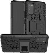 Voor Samsung Galaxy A02s (EU-versie) Bandentextuur Schokbestendig TPU + pc-beschermhoes met houder (zwart)