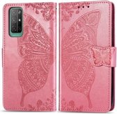 Voor Huawei Honor 30S Vlinder Liefde Bloem Reliëf Horizontale Flip Leren Case met Beugel / Kaartsleuf / Portemonnee / Lanyard (Roze)