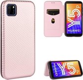 Voor Huawei Y5p / Honor 9S Koolstofvezel Textuur Magnetisch Horizontaal Flip TPU + PC + PU lederen tas met kaartsleuf (roze)