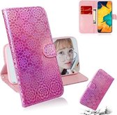 Voor Galaxy A20 / A30 effen kleur kleurrijke magnetische gesp horizontale flip PU lederen tas met houder & kaartsleuven & portemonnee & lanyard (roze)