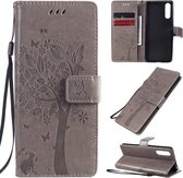 Voor Sony Xperia 10 II Tree & Cat reliÃ«fpatroon Horizontale flip lederen tas met houder & kaartsleuven & portemonnee & lanyard (grijs)