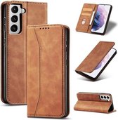 Voor Samsung Galaxy S21 Ultra 5G Huid-aanvoelende Kalfsleer Textuur Magnetische Dual-Fold Horizontale Flip Leren Case met Houder & Kaartsleuven & Portemonnee (Bruin)