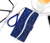 Voor iPhone 12 Max / 12 Pro Glitterpoeder Horizontale lederen flip-hoes met kaartsleuven & houder & lanyard (blauw)