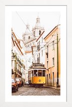 JUNIQE - Poster met houten lijst Tram in Lissabon -13x18 /Geel & Ivoor
