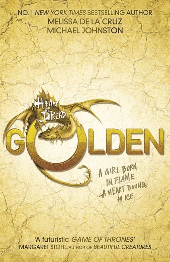 Boekcover: 'Golden' met een gouden draak en tekst, inclusief 'A girl born in flame. A heart bound in ice.'