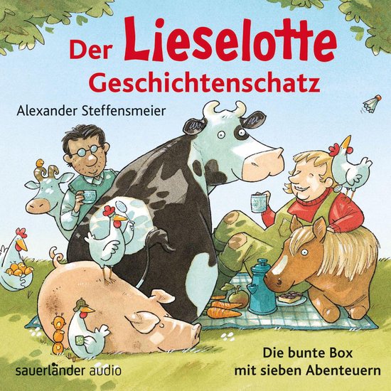 De cover van "Der Lieselotte Geschichtenschatz" toont een boerderijscène met boer, koe, varken, paard, kip en geit op een picknickkleed. De tekst "Der Lieselotte Geschichtenschatz" staat bovenaan.