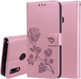 Rose reliëf horizontale flip PU lederen hoes voor Huawei P Smart 2019, met houder en kaartsleuven en portemonnee (roségoud)