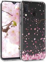 kwmobile telefoonhoesje voor Samsung Galaxy A20e - Hoesje voor smartphone in poederroze / donkerbruin / transparant - Kersenbloesembladeren design