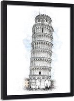 Foto in frame , Scheve toren van Pisa ,70x100cm , Wit grijs blauw , wanddecoratie