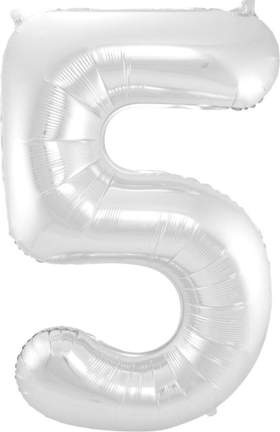 Ballon Cijfer 5 Jaar Zilver 36Cm Verjaardag Feestversiering Met Rietje