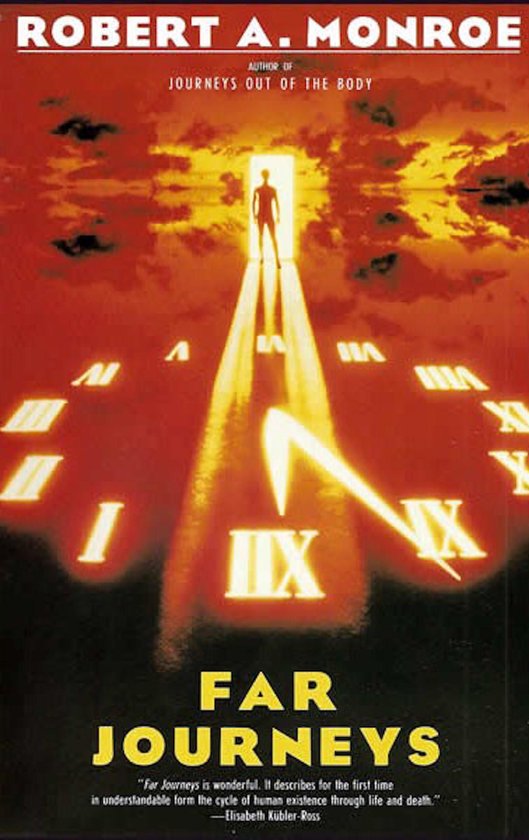 Livre "Far Journeys" de Robert A. Monroe, avec une horloge et une silhouette marchant vers la lumière.