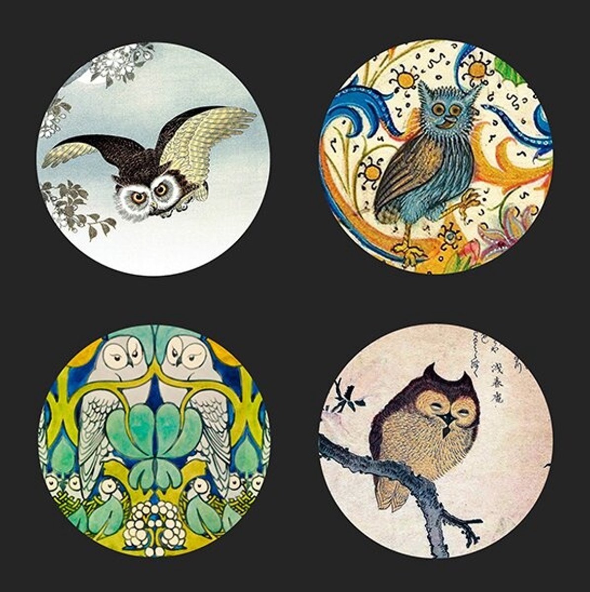 Uilen Onderzetters – Kunstcollectie – Set van 4 – Ø 10 cm