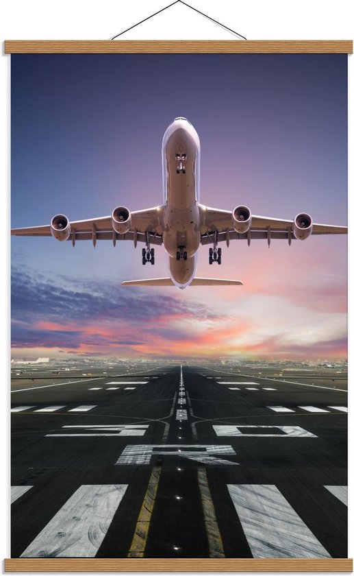 Schoolplaat – Opstijgend Vliegtuig met Blauw/Paarse Lucht - 60x90cm Foto op Textielposter (Wanddecoratie op Schoolplaat)