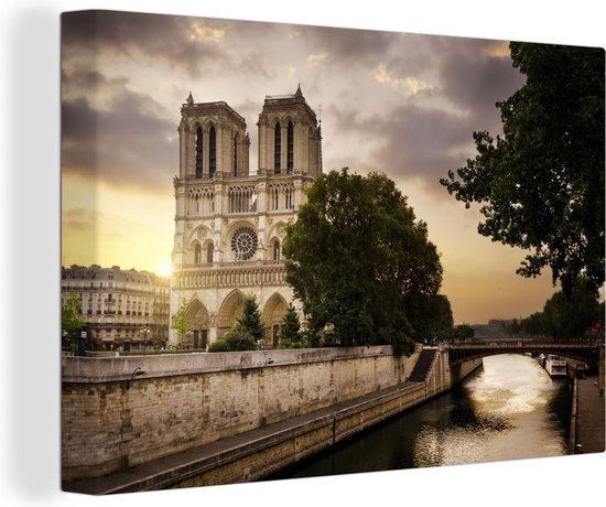 Canvas schilderij 140x90 cm - Wanddecoratie Zonsopgang bij de Notre Dame in Parijs - Muurdecoratie woonkamer - Slaapkamer decoratie - Kamer accessoires - Schilderijen