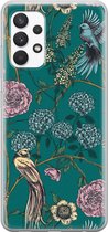 Samsung Galaxy A32 4G siliconen hoesje - Vogels Japanse bloemen - Soft Case Telefoonhoesje - Blauw - Bloemen
