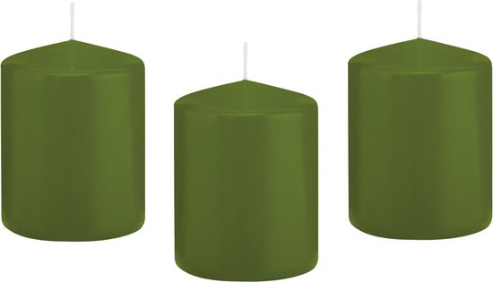 10x Olijfgroene cilinderkaarsen/stompkaarsen 6 x 8 cm 29 branduren - Geurloze kaarsen olijf groen - Woondecoraties