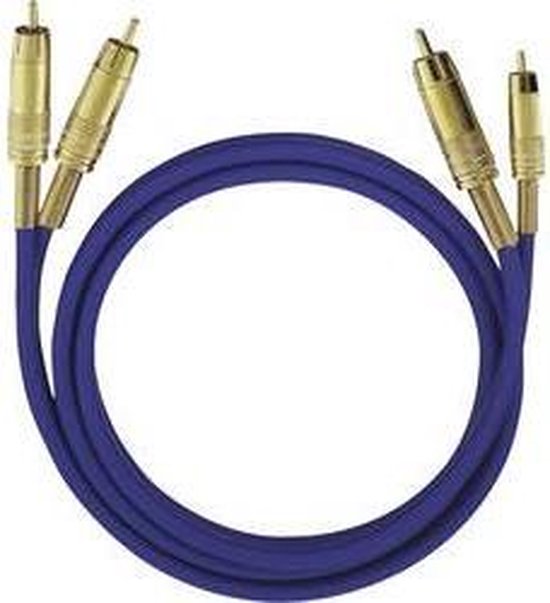 Blauwe audiokabel van Oehlbach met twee RCA-stekkers aan elk uiteinde.