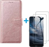 Bookcase Geschikt voor: Nokia 8.3 - Rose Goud - portemonee hoesje met 2 stuks Glas Screen protector