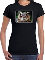 Dieren shirt met uilen foto - zwart - voor dames - roofvogel/ uil cadeau t-shirt / kleding XS