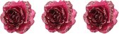 4x stuks decoratie bloemen roos framboos roze (magnolia) glitter op clip 14 cm - Decoratiebloemen/kerstboomversiering