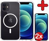 Hoes voor iPhone 12 Hoesje Geschikt Voor Magsafe Compatible Shockproof Hoes Siliconen Case Met 2x Screenprotector - Transparant