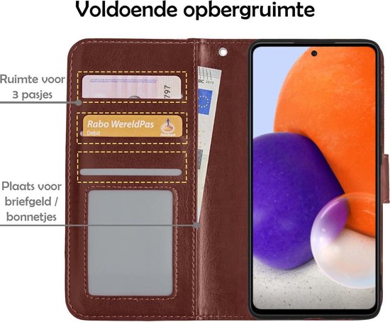 Étui pour Samsung A72 Book Case avec 2x protecteurs d'écran - Étui portefeuille Samsung Galaxy A72 - Étui Samsung A72 avec 2x protecteurs d'écran - Marron