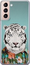 Leuke Telefoonhoesjes - Hoesje geschikt voor Samsung Galaxy S21 Plus - Witte tijger - Soft case - TPU - Print / Illustratie - Blauw