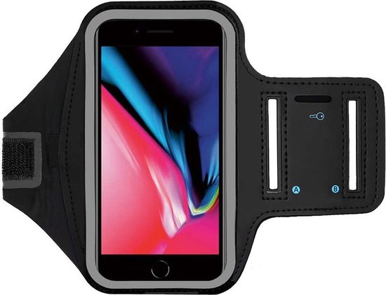Brassard de sport noir avec un téléphone, un cadre gris et une fermeture velcro.