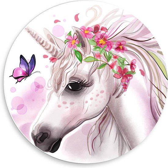 Forex Wandcirkel - Cartoon van Eenhoorn met Bloemen en Vlinder - 50x50cm Foto op Wandcirkel (met ophangsysteem)