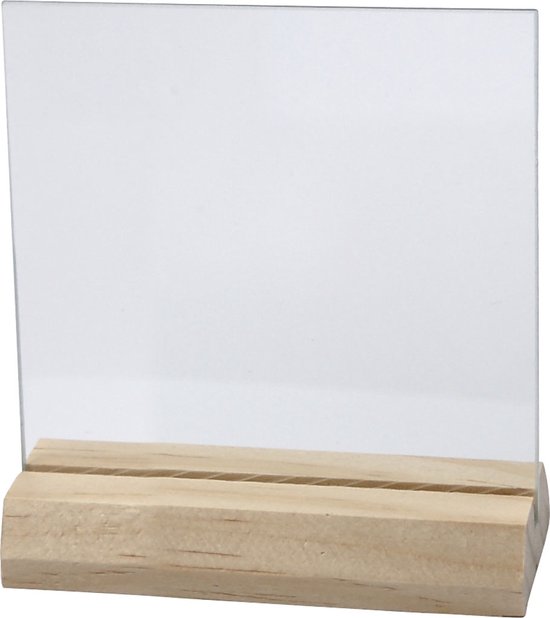 Glazen plaat met houten voet, afm 7,5x7,5 cm, dikte 28 mm, 10 set/ 1 karton