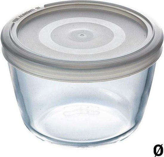 Een transparante glazen beker met witte deksel, gemarkeerd met Ø.