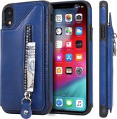 Voor iPhone XR effen kleur dubbele gesp rits schokbestendige beschermhoes (blauw)